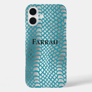 Funda iPhone 16 Plus Impresión verde azulada de serpiente de plata azul