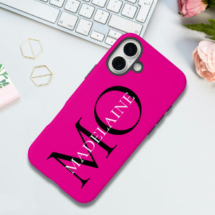 Funda iPhone 16 Plus Iniciales de monograma en negrita y rosa caliente 