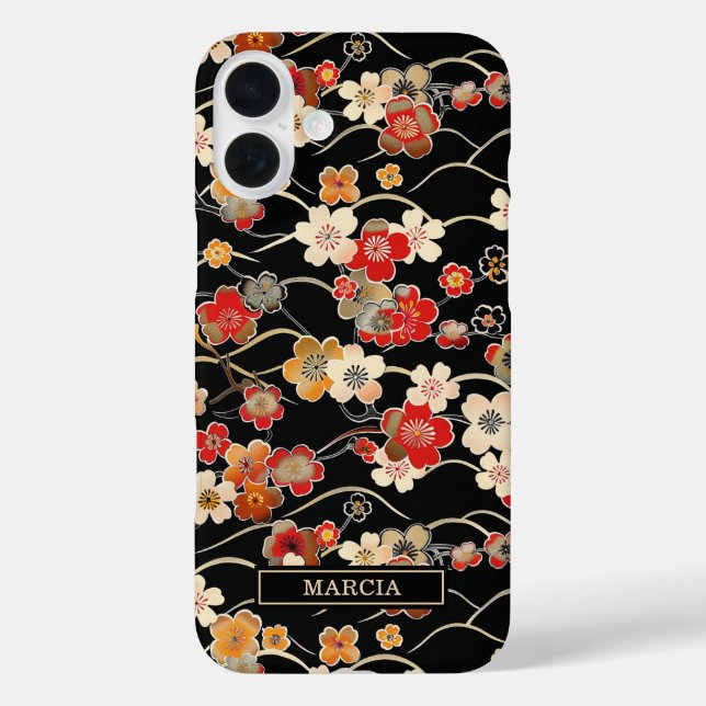 Funda iPhone 16 Plus Japanese Black Floral Pattern Monogrammed (Reverso )