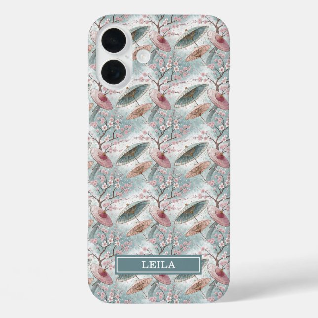 Funda iPhone 16 Plus Japanese Sakura Umbrella Pattern Monogrammed (Reverso )