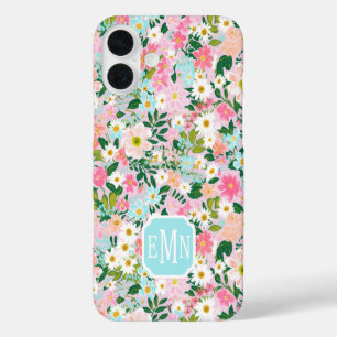 Funda iPhone 16 Plus Jardín de flores rosadas coloridas con monograma