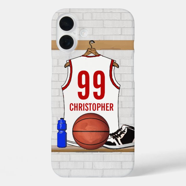 Funda iPhone 16 Plus Jersey de baloncesto rojo y blanco personalizado (Reverso )