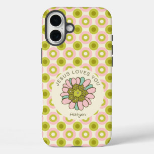 Funda iPhone 16 Plus Jesús Te Ama El Patrón De Círculos Retro Verde Ros