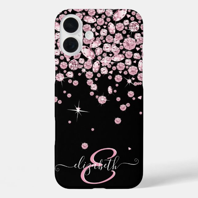 Funda iPhone 16 Plus Joyas de diamante rosado monograma (Reverso )