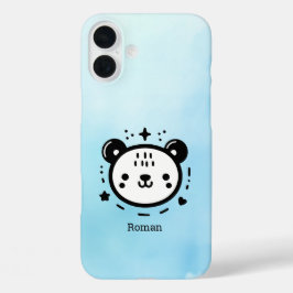 Funda iPhone 16 Plus Kawaii lindo rostro de oso - Línea de arte Minimal