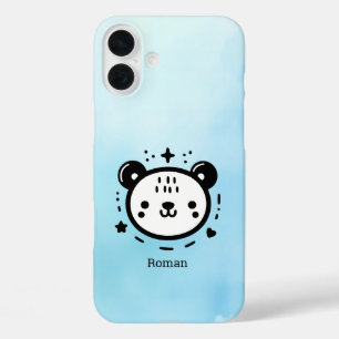 Funda iPhone 16 Plus Kawaii lindo rostro de oso - Línea de arte Minimal