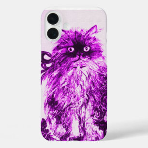 Funda iPhone 16 Plus KITTEN CON ROSAS, violeta púrpura y blanco