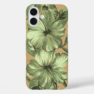 Funda iPhone 16 Plus Lanai Hawaiian Hibiscus Faux Wood Green