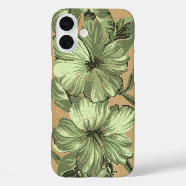 Funda iPhone 16 Plus Lanai Hawaiian Hibiscus Faux Wood Green (Reverso )