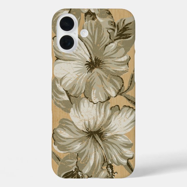 Funda iPhone 16 Plus Lanai Hawaiian Hibiscus Faux Wood Taupe (Reverso )