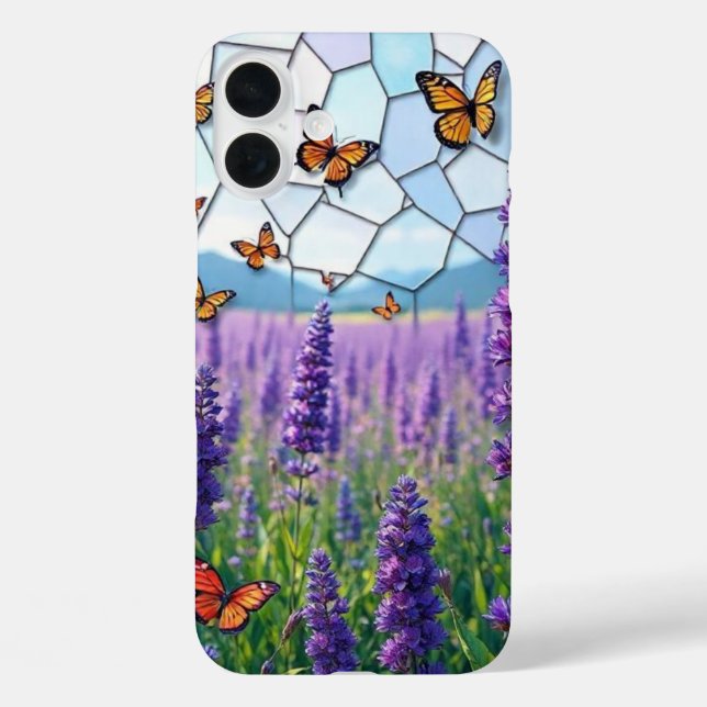 Funda iPhone 16 Plus Lavander y mariposas en vidrio templado (Reverso )