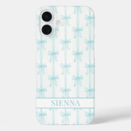 Funda iPhone 16 Plus Lazos Coquette Aqua Rayas Monograma