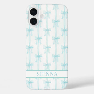 Funda iPhone 16 Plus Lazos Coquette Aqua Rayas Monograma