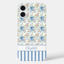 Lazos Coquette Azules Con Flores Monogramadas