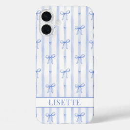 Funda iPhone 16 Plus Lazos de Coqueta de Rayas Azules Elegantes Monogra