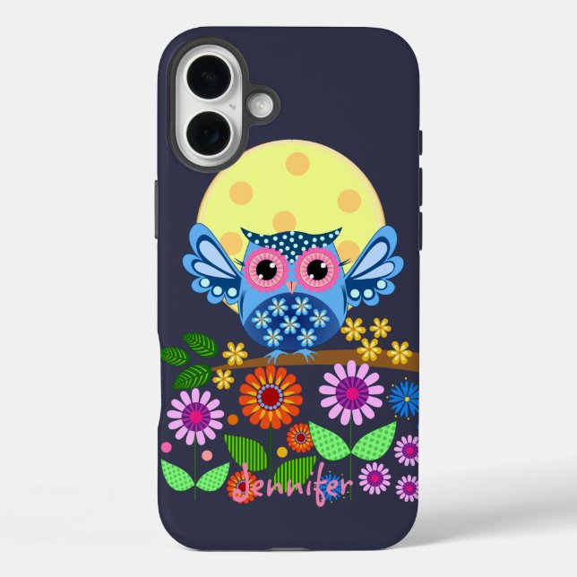 Funda iPhone 16 Plus Lechuza de primavera y nombre personalizado (Reverso )
