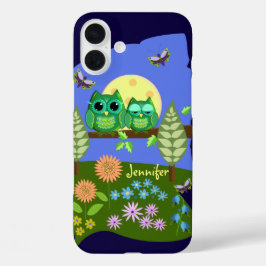 Funda iPhone 16 Plus Lechuzas en tierra de verano y nombre personalizad