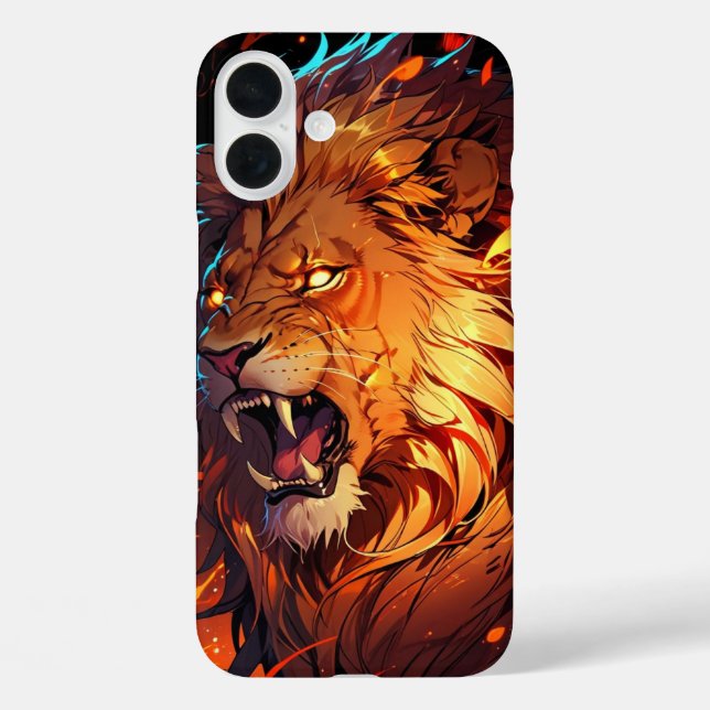 Funda iPhone 16 Plus León feroz con elementos vivos de la naturaleza y  (Reverso )