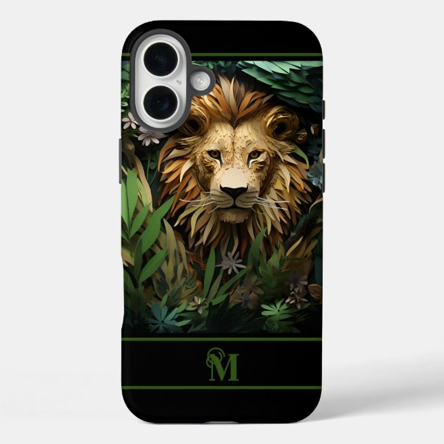 Funda iPhone 16 Plus León moderno en la jungla monogramado inicial (Reverso )