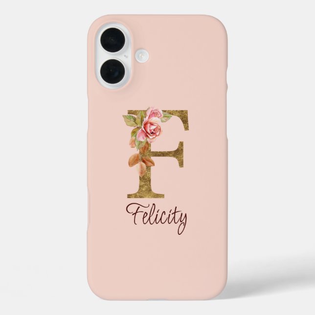 Funda iPhone 16 Plus Letra de nombre personalizada F Relieve metalizado (Reverso )