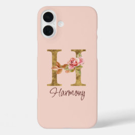 Funda iPhone 16 Plus Letra de nombre personalizado H Lámina de oro Rosa