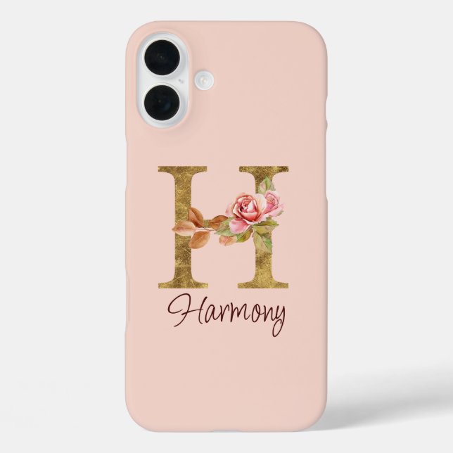Funda iPhone 16 Plus Letra de nombre personalizado H Lámina de oro Rosa (Reverso )