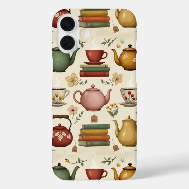 Funda iPhone 16 Plus Libros de flores y té (Reverso )