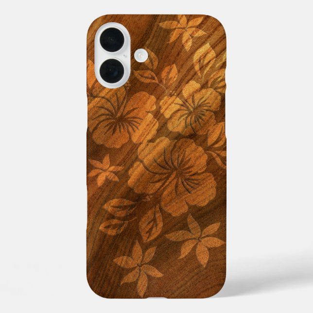 Funda iPhone 16 Plus Lilikoi Hibiscus Hawaiian Faux Wood Burl (Reverso )