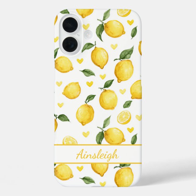 Funda iPhone 16 Plus Limones Acuarela Con Monograma De Corazones (Reverso )