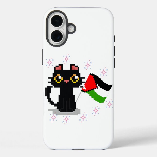 Funda iPhone 16 Plus lindo gato negro sostiene bandera palestina (Reverso )