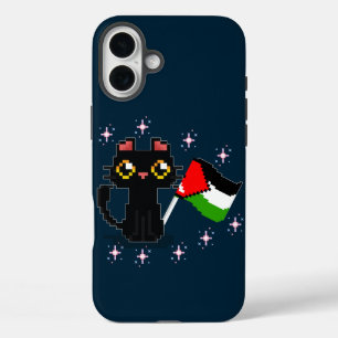 Funda iPhone 16 Plus lindo gato negro sostiene bandera palestina