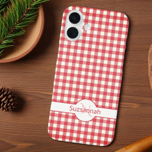 Funda iPhone 16 Plus Lindo Gingham de Cuadros Rojos Monograma Personali