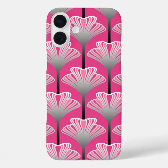 Funda iPhone 16 Plus Lirio Art Deco, fucsia rosa y gris plateado (Reverso )