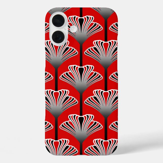 Funda iPhone 16 Plus Lirio Art Deco, rojo profundo y gris / gris (Reverso )