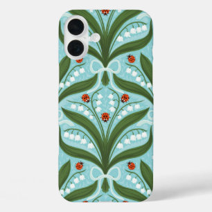 Funda iPhone 16 Plus Lirio de los valles y mariquitas simetría en verde