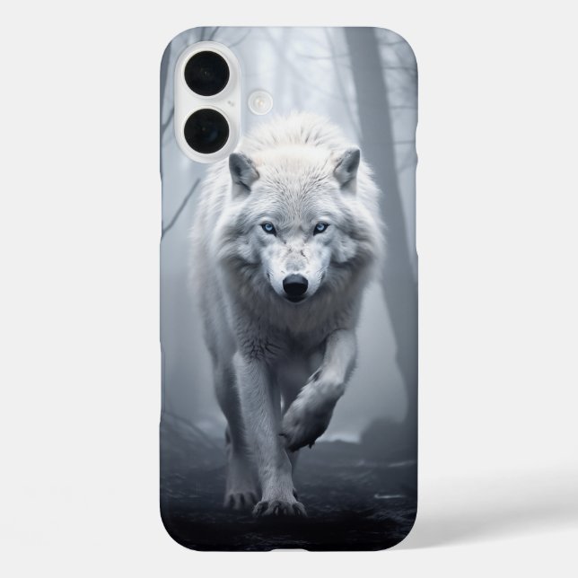 Funda iPhone 16 Plus Lobo blanco en bosque de niebla (Reverso )