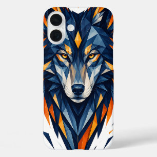 Funda iPhone 16 Plus Lobo Geométrico Negro y Naranja Arte Poligonal