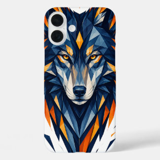 Funda iPhone 16 Plus Lobo Geométrico Negro y Naranja Arte Poligonal