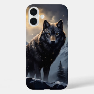 Funda iPhone 16 Plus Lobo negro en montañas nevadas