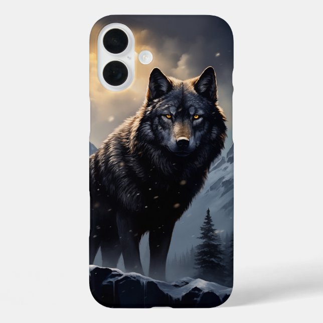 Funda iPhone 16 Plus Lobo negro en montañas nevadas (Reverso )