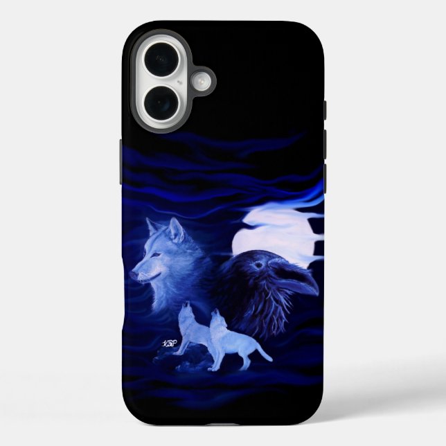 Funda iPhone 16 Plus Lobos y Raven con luna llena (Reverso )