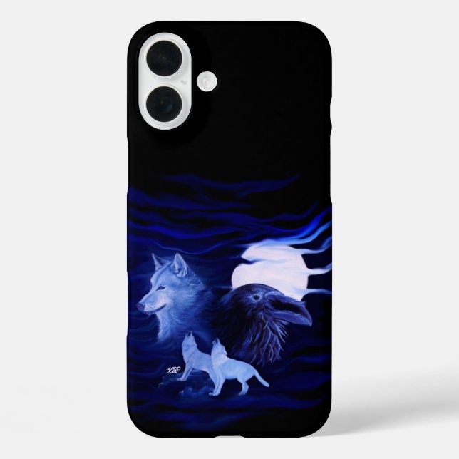 Funda iPhone 16 Plus Lobos y Raven con luna llena (Reverso )