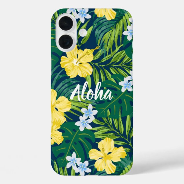 Funda iPhone 16 Plus Luna Hibiscus Garden Hawai - Amarillo y Marina (Reverso )