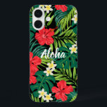 Funda iPhone 16 Plus Luna Hibiscus Garden Hawaiian - Rojo y Negro<br><div class="desc">Colores rojos, eververdes, limínicos, amarillos y negros. Las flores hibiscus y plumeria bailan sobre un fondo de monstera y hojas de palmera. Estas flores se usan comúnmente en ropa para camisas aloha y muu muus creando un diseño que recuerda a las huellas hawaianas de los años 50 y 60. Personalizar...</div>