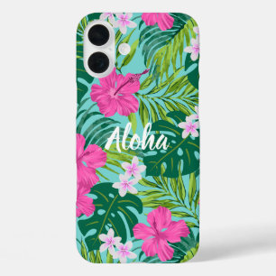 Funda iPhone 16 Plus Luna Hibiscus Garden Hawaiian - Rosa y Turq