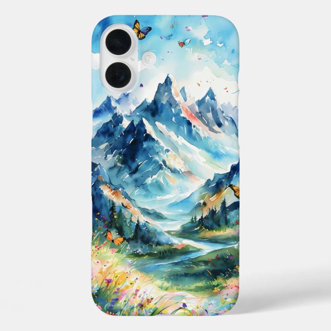 Funda iPhone 16 Plus Majestuoso paisaje montañoso con mariposas, silves (Reverso )