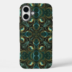 Funda iPhone 16 Plus Mandalá abstracto simétrico de esmeralda y oro