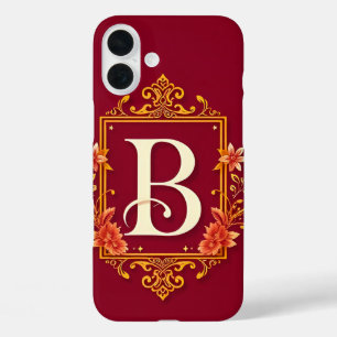 Funda iPhone 16 Plus Marco de Monograma Rojo Elegante con Adorno Floral