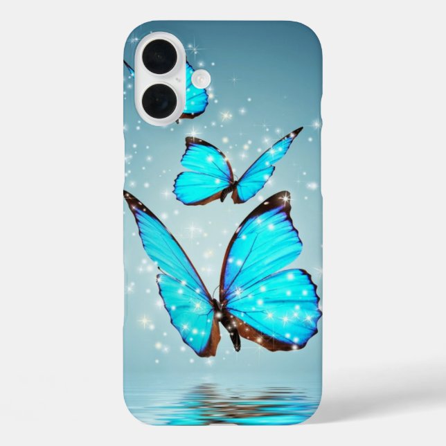 Funda iPhone 16 Plus mariposa azul brillante (Reverso )