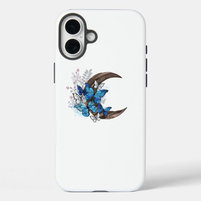 Funda iPhone 16 Plus Mariposas azules sobre la media luna de madera (Reverso )